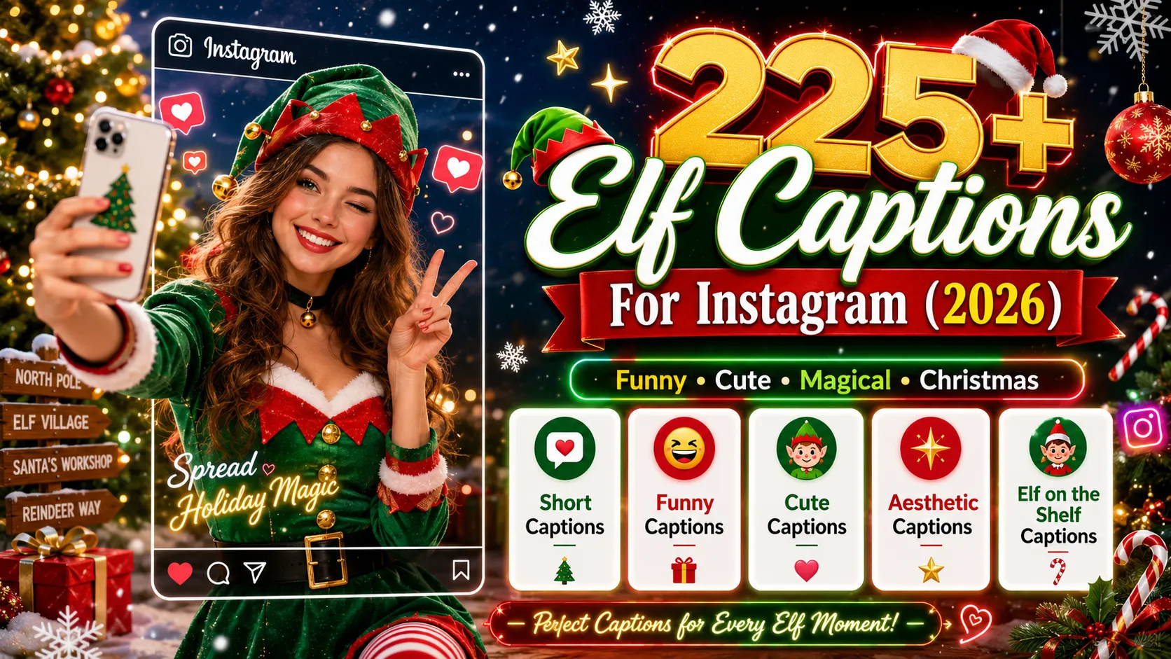 Elf Captions For Instagram infographic featuring a festive Christmas elf-themed influencer girl with holiday design, captions list, and social media style graphics.