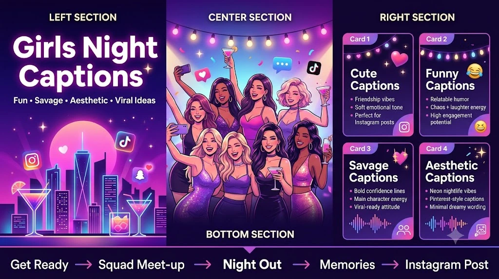 Infographic showing girls night captions ideas including funny, cute, savage, and aesthetic social media captions for Instagram and TikTok posts.