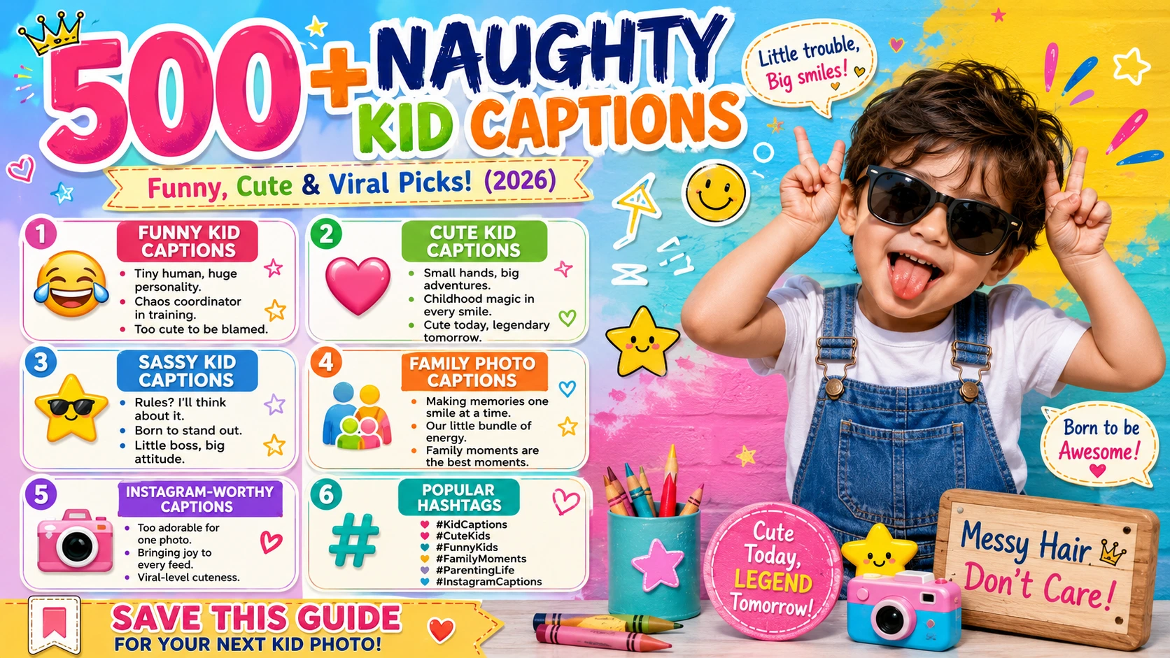 Naughty Kid Captions infographic featuring funny, cute, sassy, and family-friendly Instagram caption ideas for kids, plus popular social media hashtags.