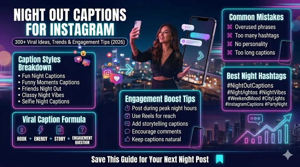 Night Out Captions For Instagram infographic showing viral caption ideas, nightlife Instagram tips, engagement strategies, and trending 2026 social media content.