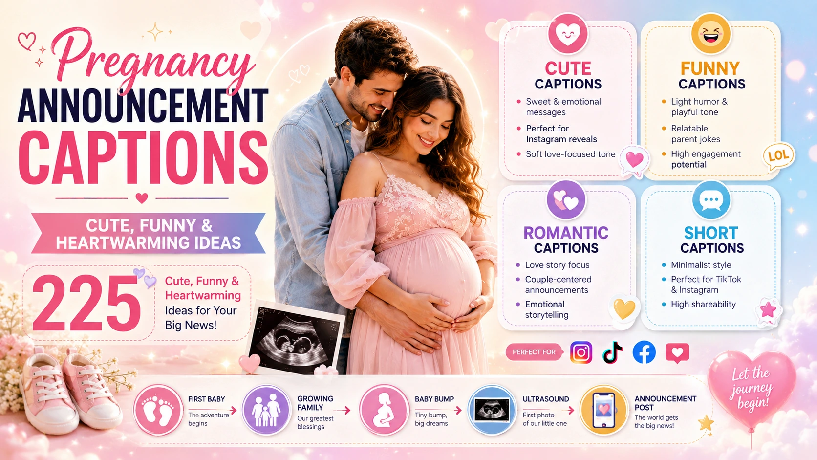Happy expecting couple celebrating pregnancy announcement with baby bump, ultrasound, and infographic elements showing caption ideas for social media posts.