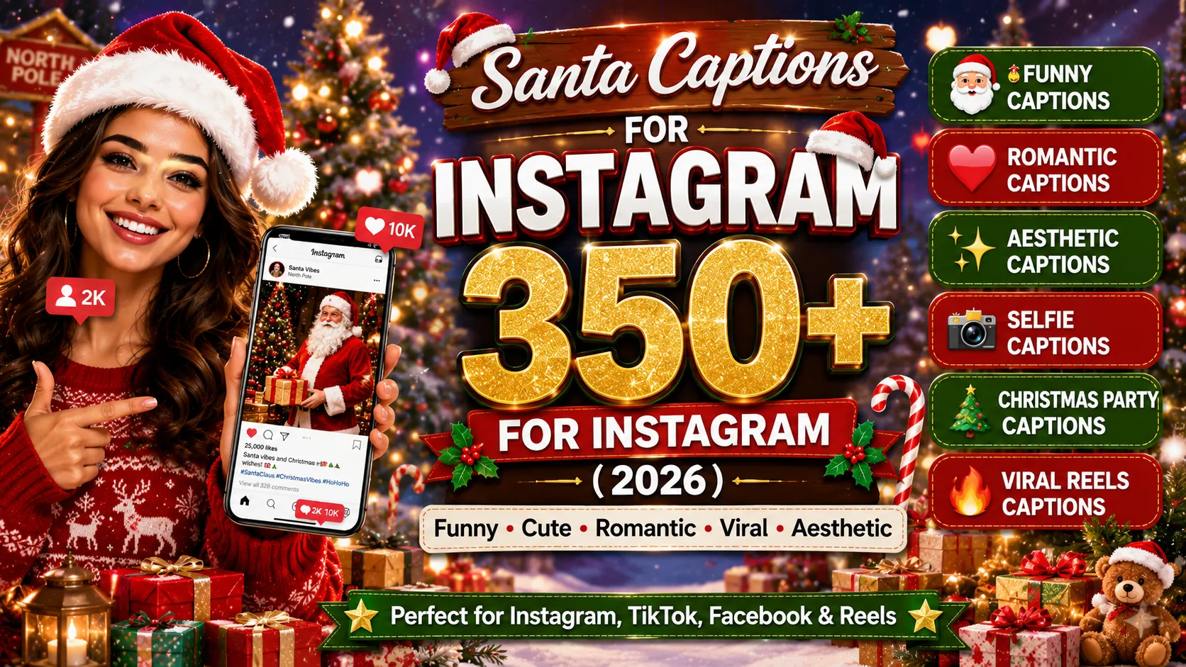 Santa Captions For Instagram infographic featuring Christmas caption categories including funny, romantic, cute, aesthetic, and viral caption ideas for social media posts.