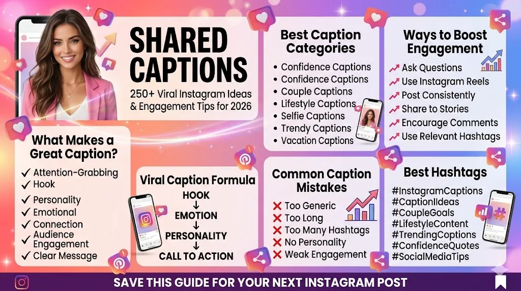 Shared Wife Captions infographic featuring Instagram caption ideas, engagement tips, viral caption formulas, hashtag strategies, and social media trends for 2026.