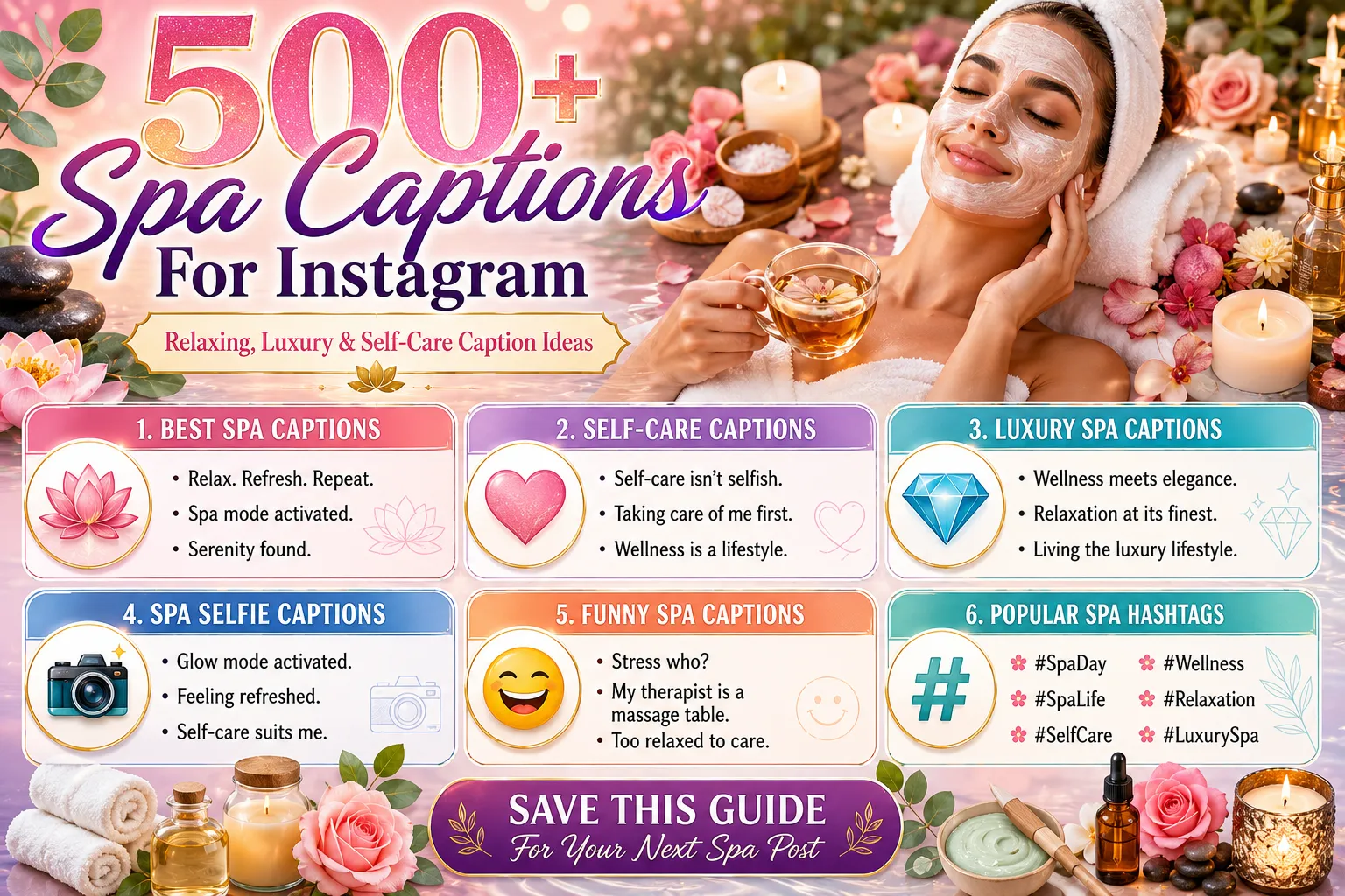 Spa Captions For Instagram infographic featuring relaxing spa quotes, self-care captions, luxury wellness sayings, spa selfie captions, and popular hashtags.